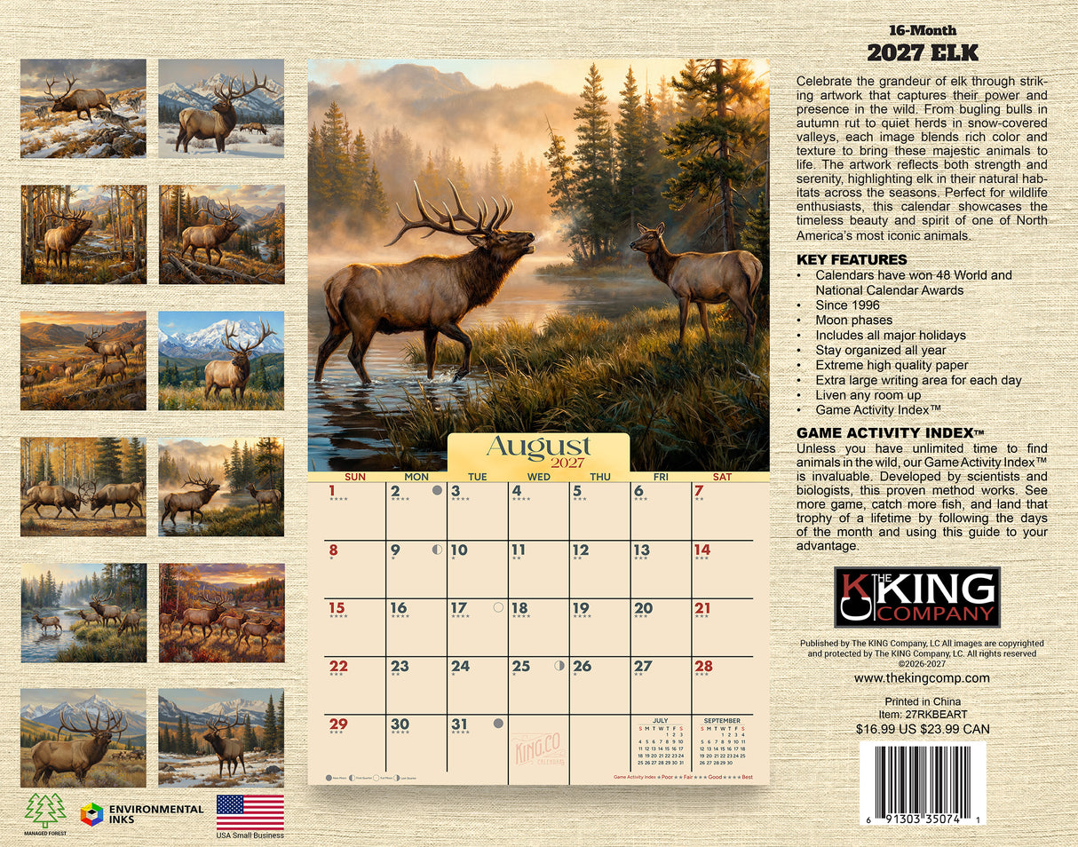 2027 Bull Elk Country Wall Calendar – 16-Month Rustic Wildlife Art