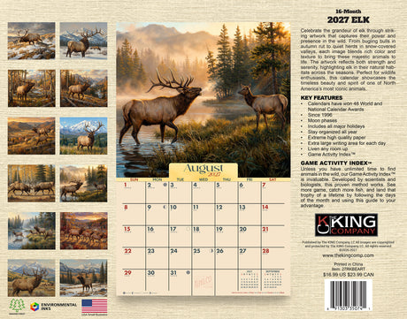 2027 Bull Elk Country Wall Calendar – 16-Month Rustic Wildlife Art