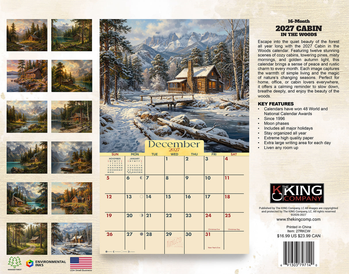 2027 Cabin in the Woods Wall Calendar – 16-Month Rustic Art