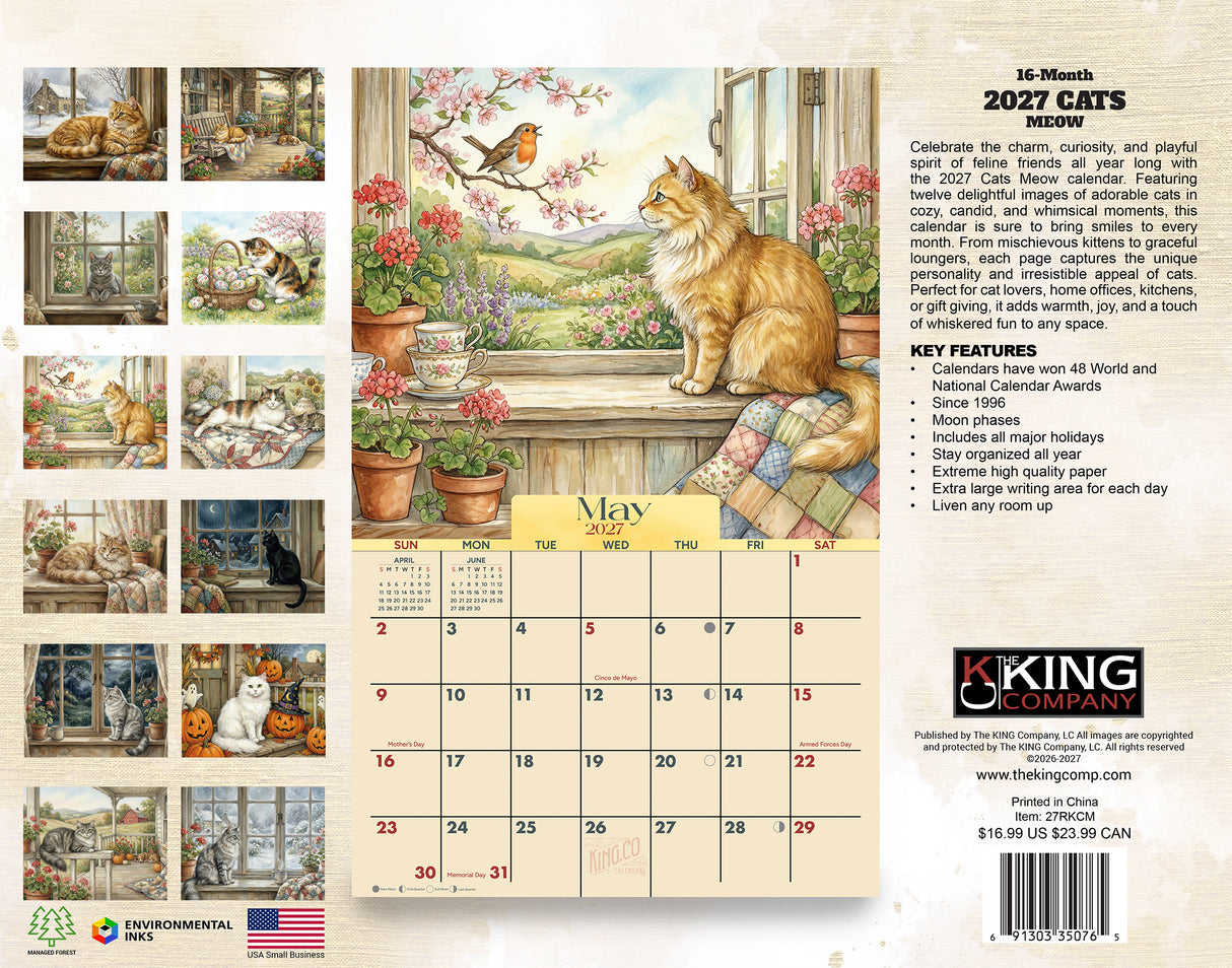 2027 Cats Meow Wall Calendar – 16-Month Cat Artwork