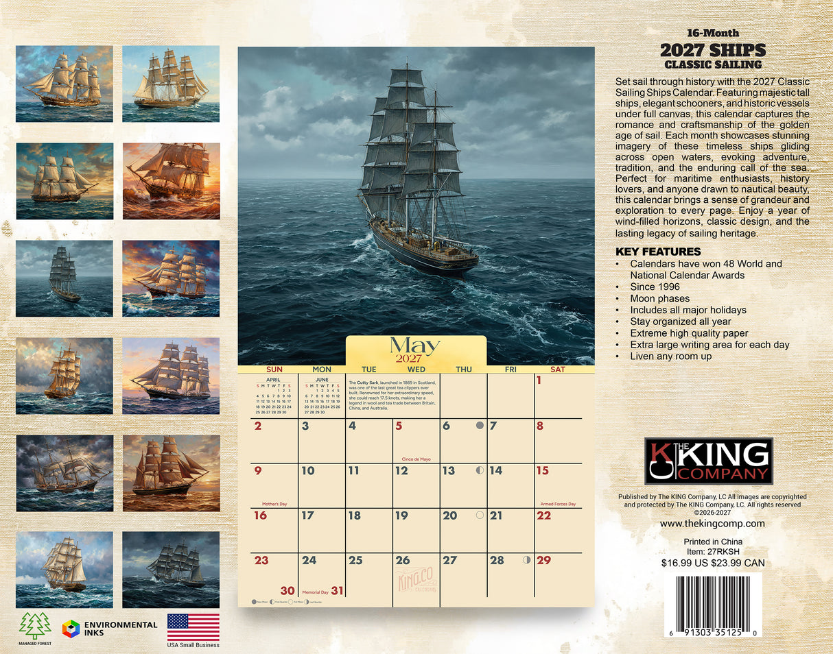2027 Classic Sailing Ships Wall Calendar – 16-Month Nautical Artwork