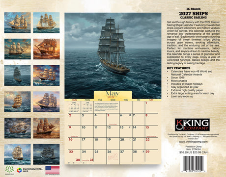 2027 Classic Sailing Ships Wall Calendar – 16-Month Nautical Artwork