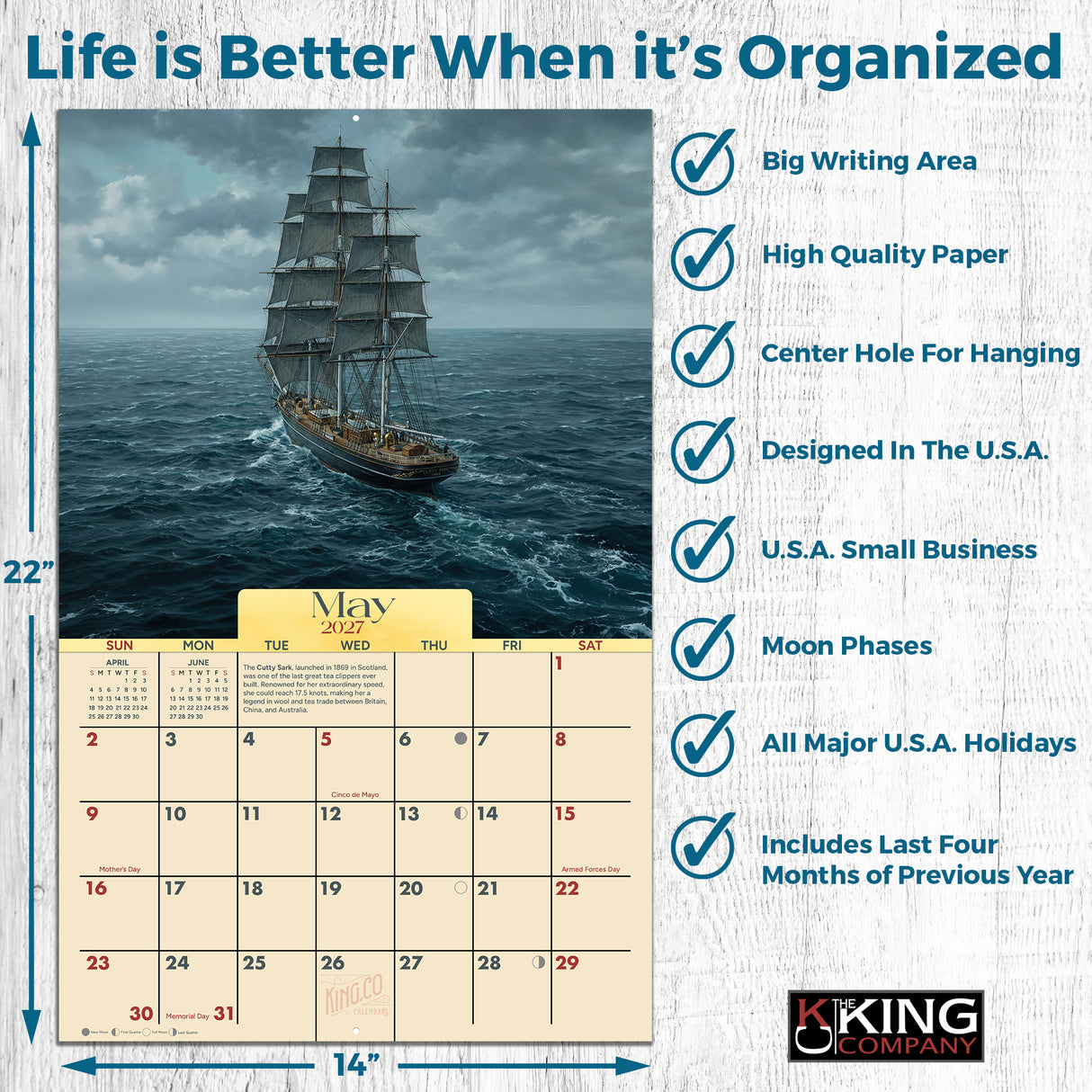 2027 Classic Sailing Ships Wall Calendar – 16-Month Nautical Artwork