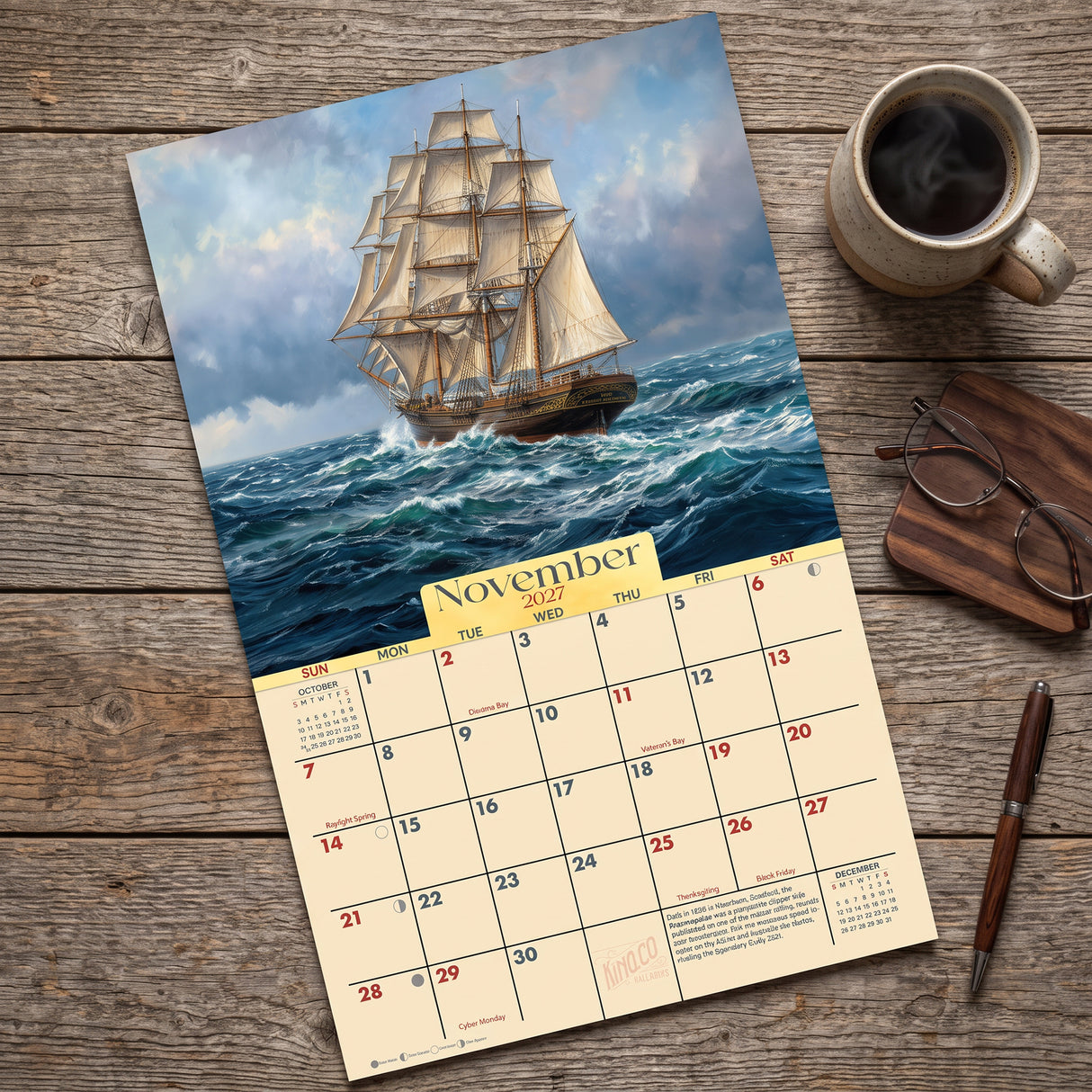 2027 Classic Sailing Ships Wall Calendar – 16-Month Nautical Artwork