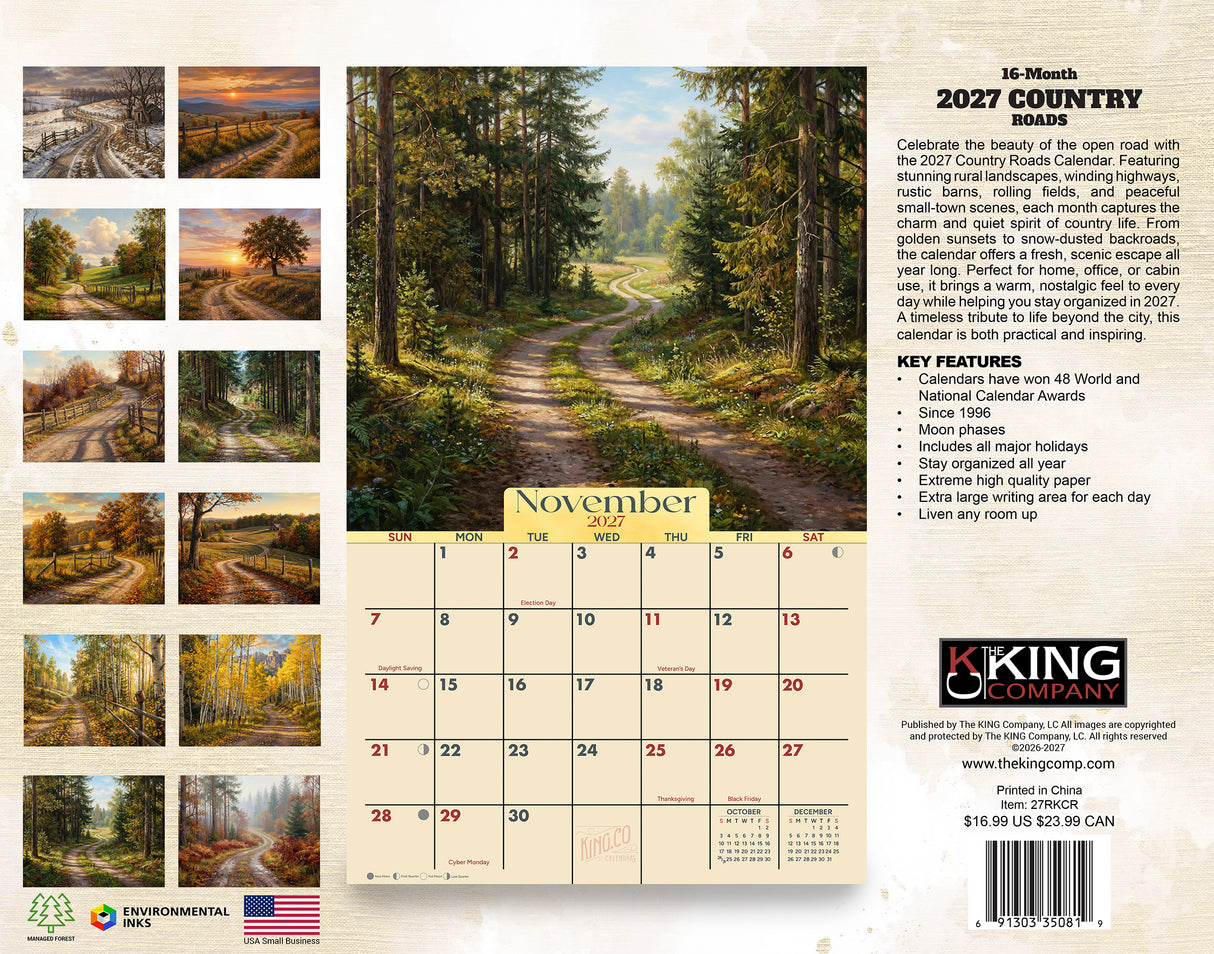 2027 Country Roads Wall Calendar – 16-Month Scenic Art