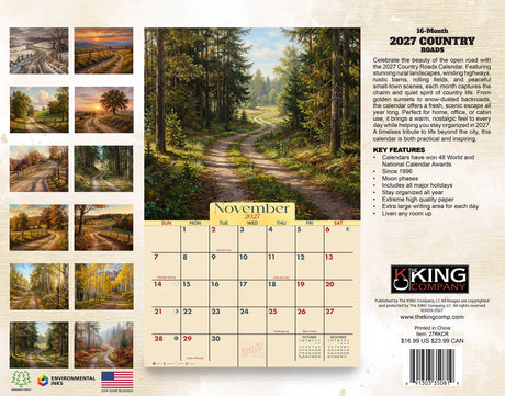 2027 Country Roads Wall Calendar – 16-Month Scenic Art