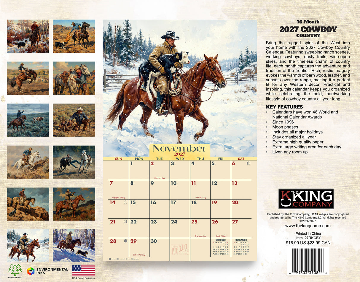 2027 Cowboy Country Wall Calendar – 16-Month Western Art