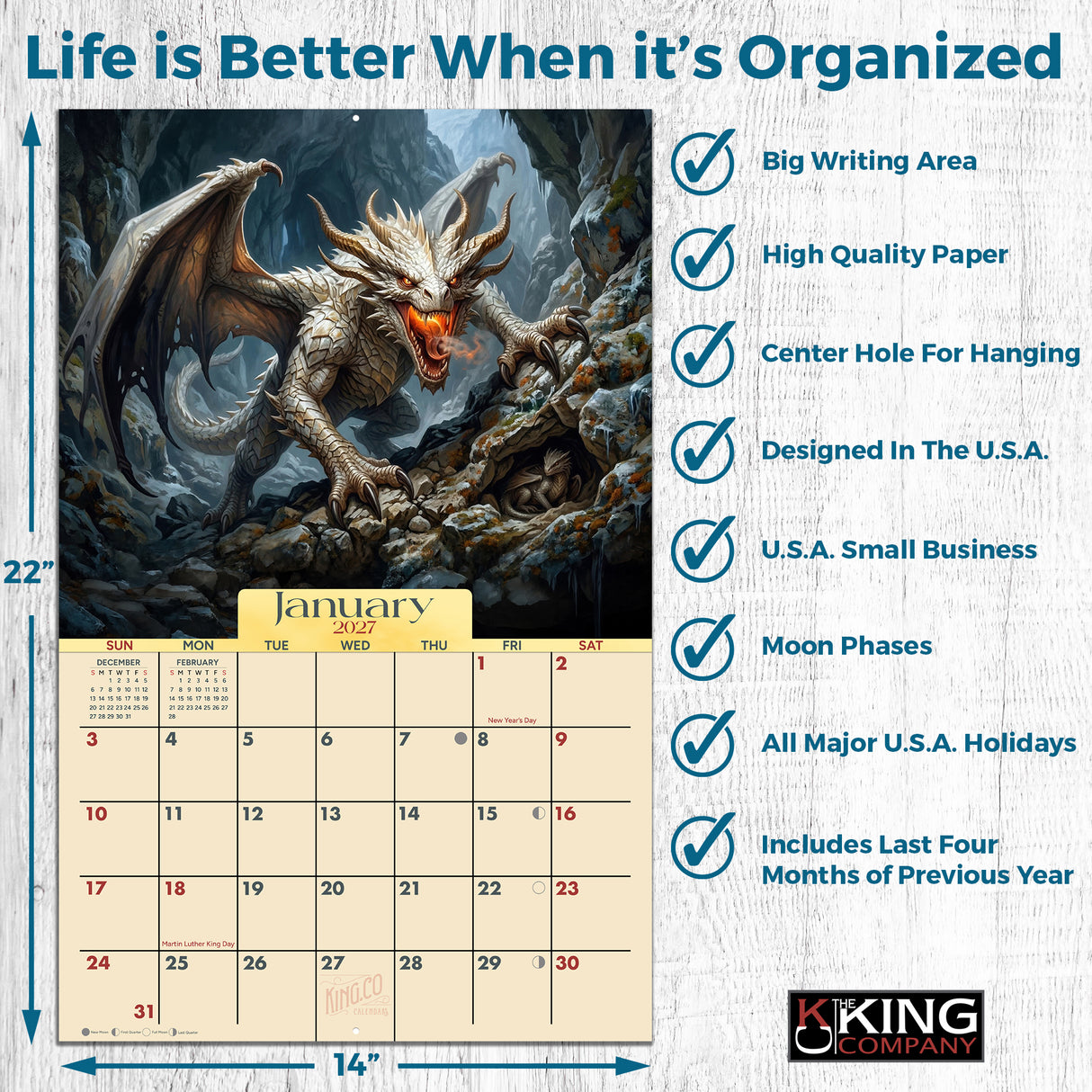 2027 Dragons Wall Calendar – 16-Month Fantasy Art