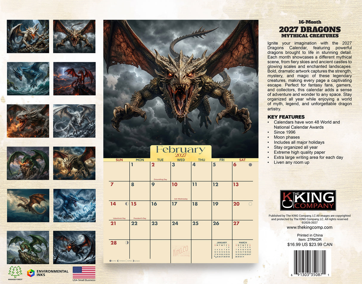 2027 Dragons Wall Calendar – 16-Month Fantasy Art