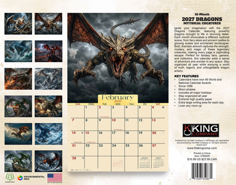 2027 Dragons Wall Calendar – 16-Month Fantasy Art