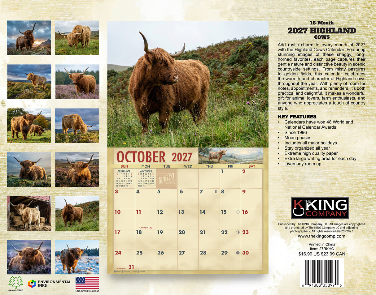 2027 Highland Cows Wall Calendar – 16-Month Cattle Photography