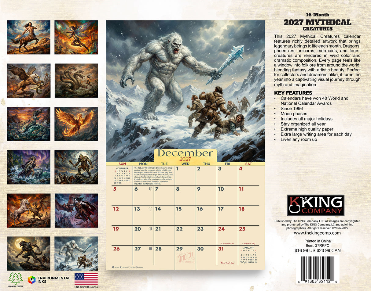 2027 Mythical Creatures Wall Calendar – 16-Month Fantasy Art
