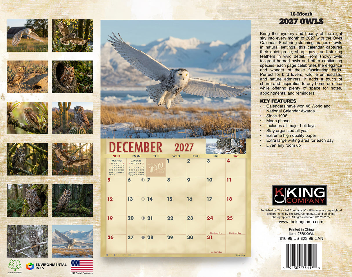 2027 Owls Wall Calendar – 16-Month Wildlife Photography