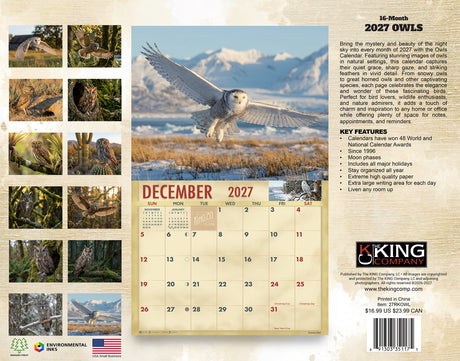 2027 Owls Wall Calendar – 16-Month Wildlife Photography