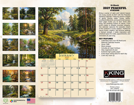 2027 Peaceful Streams Wall Calendar – 16-Month Landscape Art