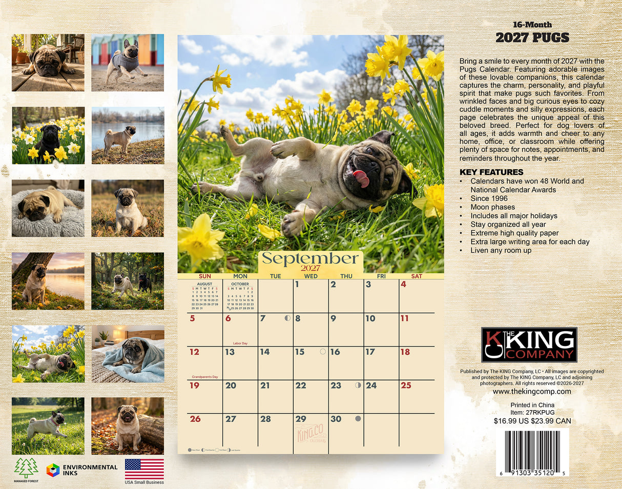 2027 Pugs Wall Calendar – 16-Month Dog Photography
