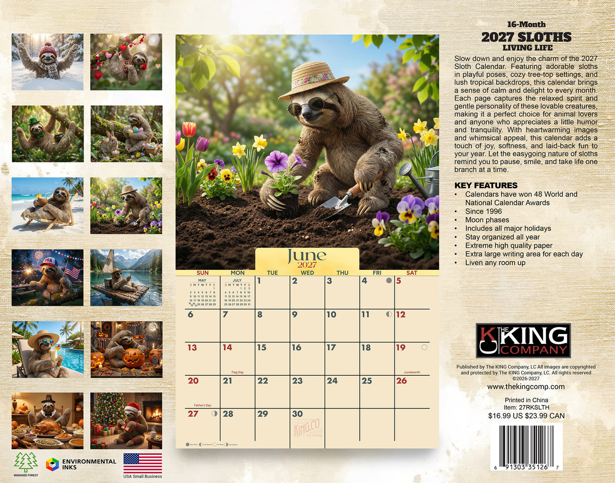 2027 Sloths Living Life Wall Calendar – 16-Month Illustrated Art