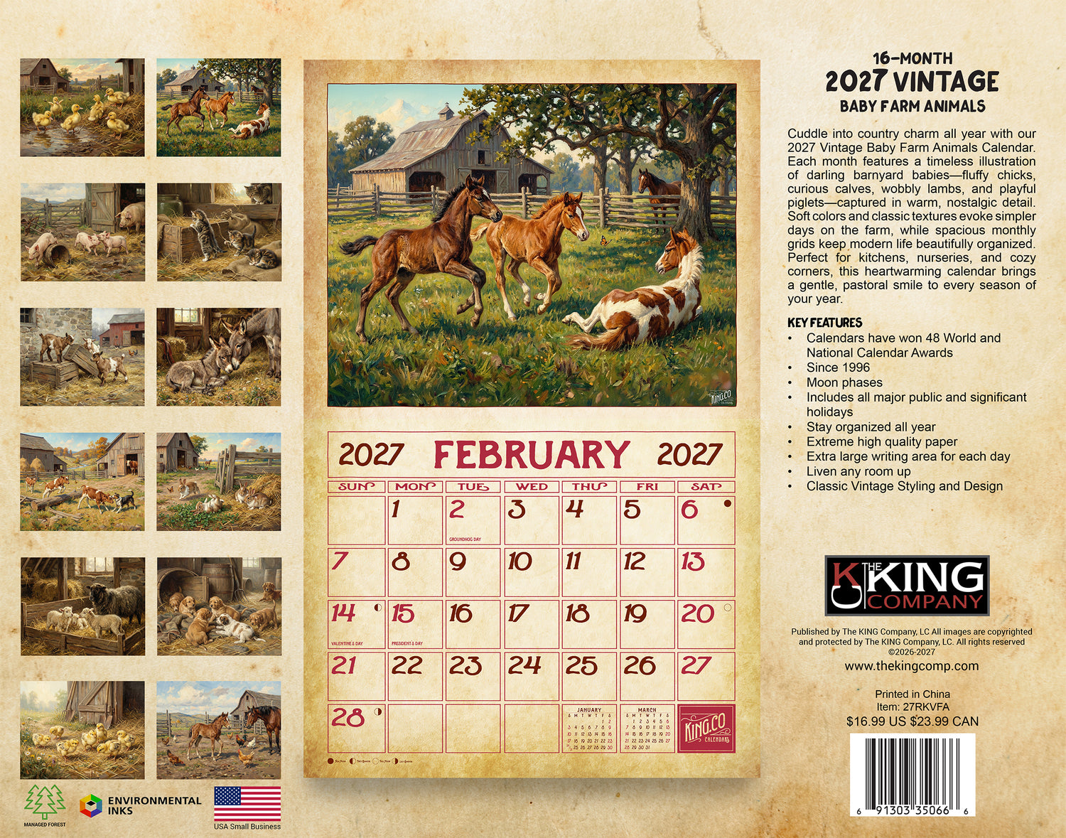 2027 Vintage Baby Farm Animals Wall Calendar – 16-Month Farm Art