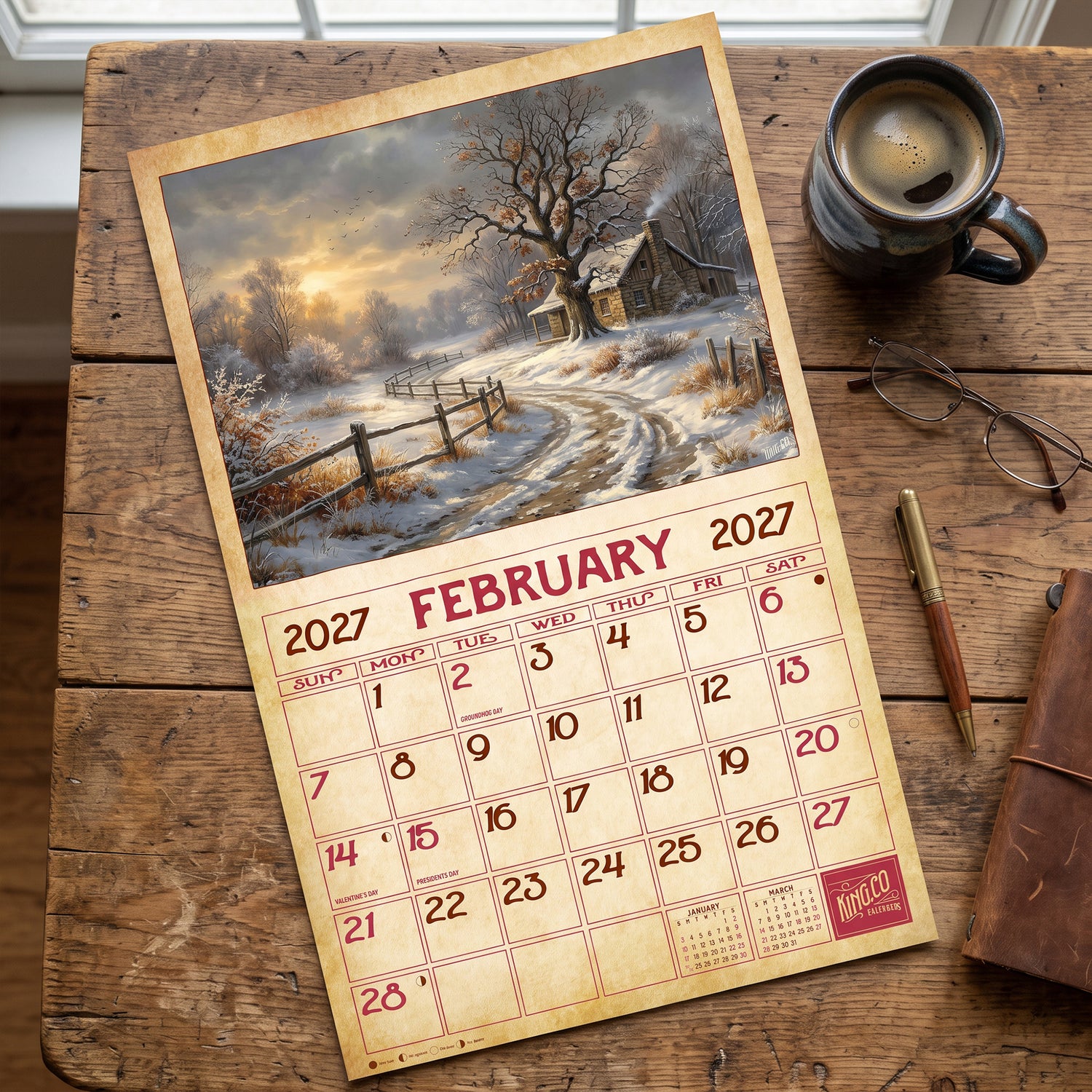 2027 Vintage Log Cabins Wall Calendar – 16-Month Artwork