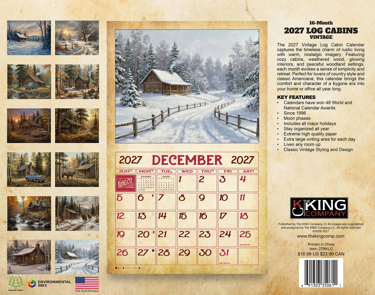 2027 Vintage Log Cabins Wall Calendar – 16-Month Artwork