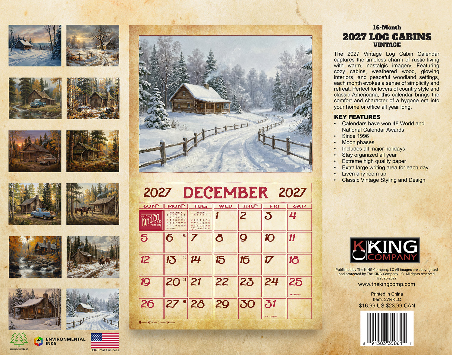 2027 Vintage Log Cabins Wall Calendar – 16-Month Artwork