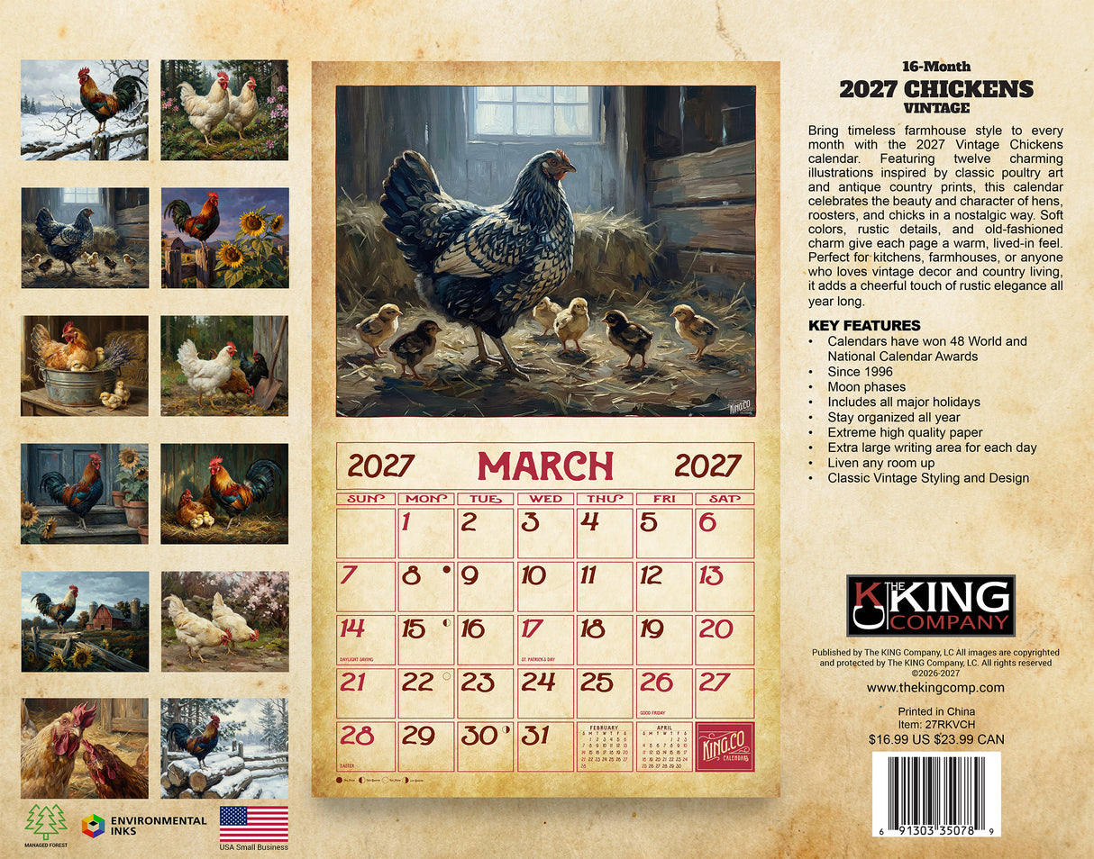 2027 Vintage Chickens Wall Calendar – 16-Month Farm Art