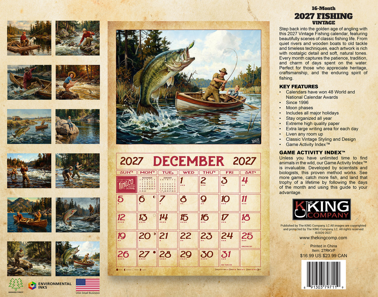 2027 Vintage Fishing Wall Calendar – 16-Month Angling Art
