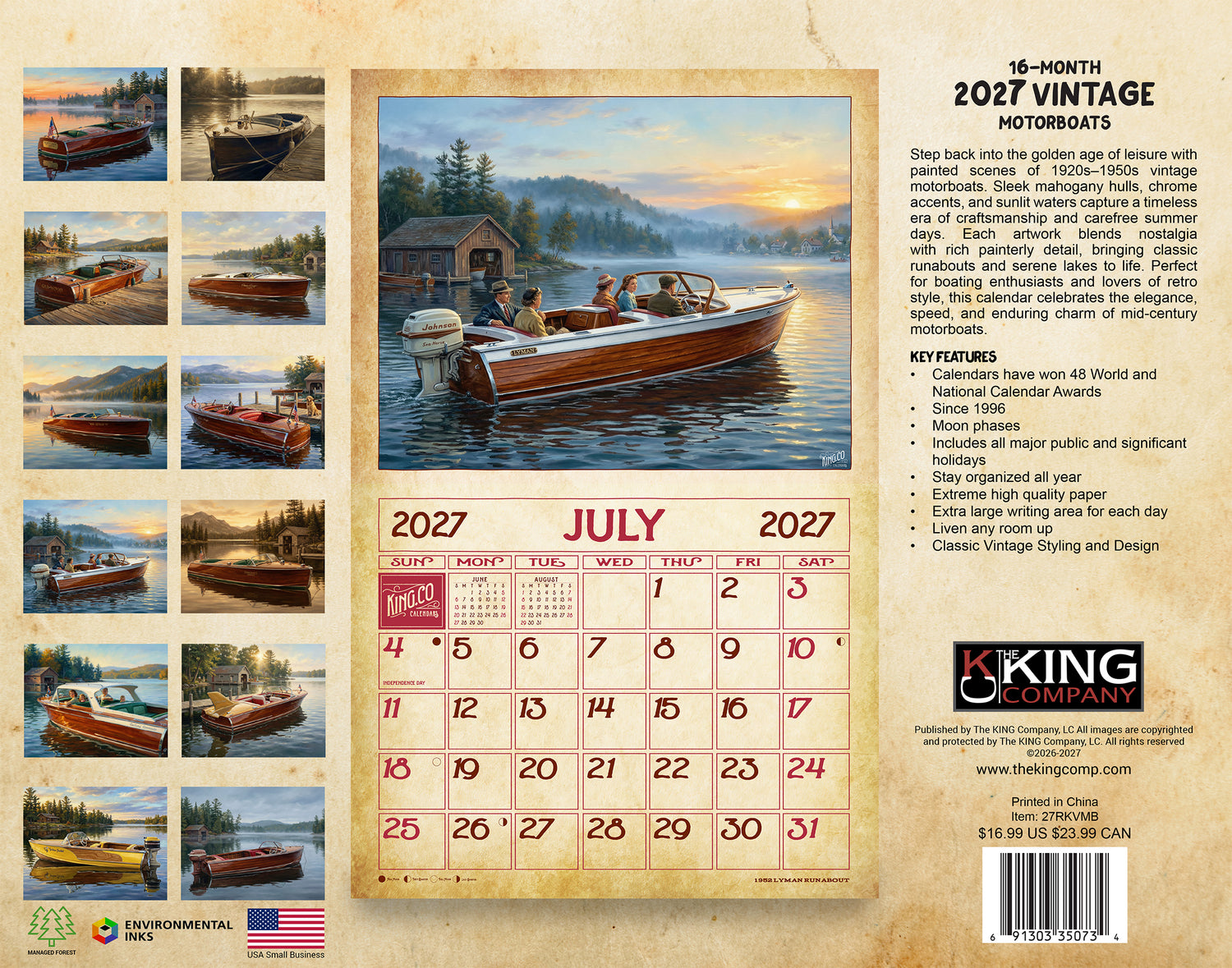 2027 Vintage Motorboats Wall Calendar – 16-Month Boating Art
