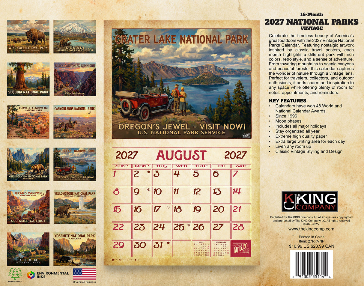 2027 Vintage National Parks Wall Calendar – 16-Month Travel Art