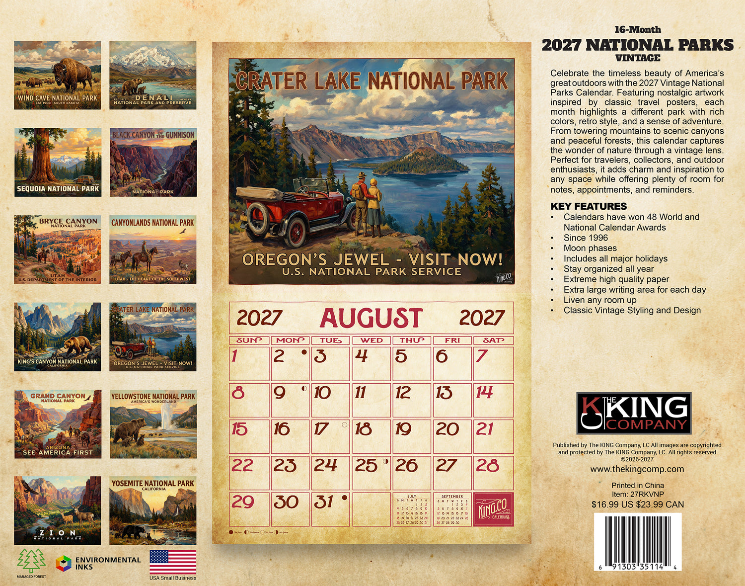 2027 Vintage National Parks Wall Calendar – 16-Month Travel Art