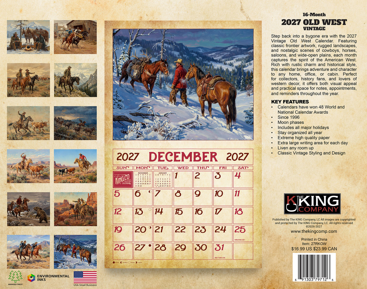 2027 Vintage Old West Wall Calendar – 16-Month Western Art