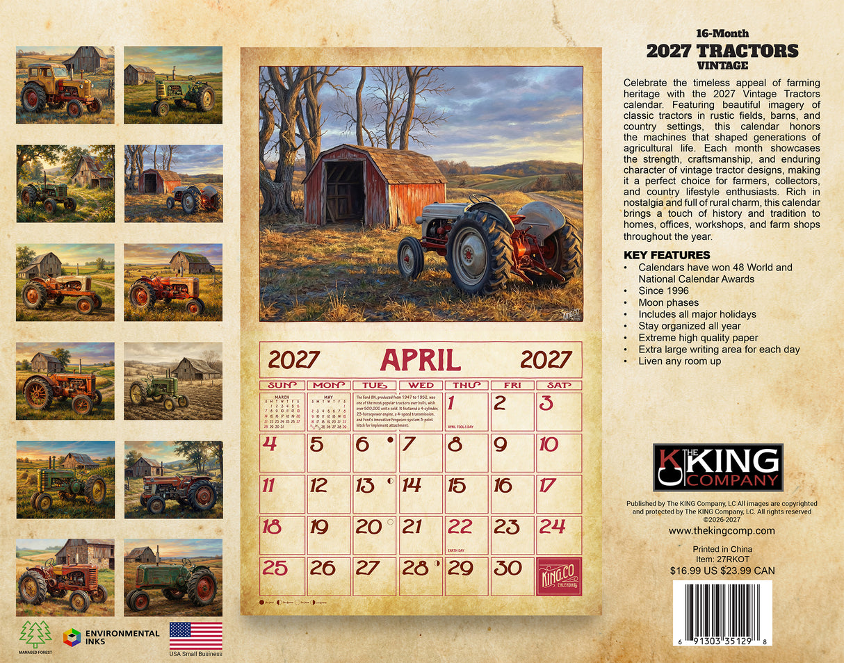 2027 Vintage Tractors Wall Calendar – 16-Month Farm Tractor Art
