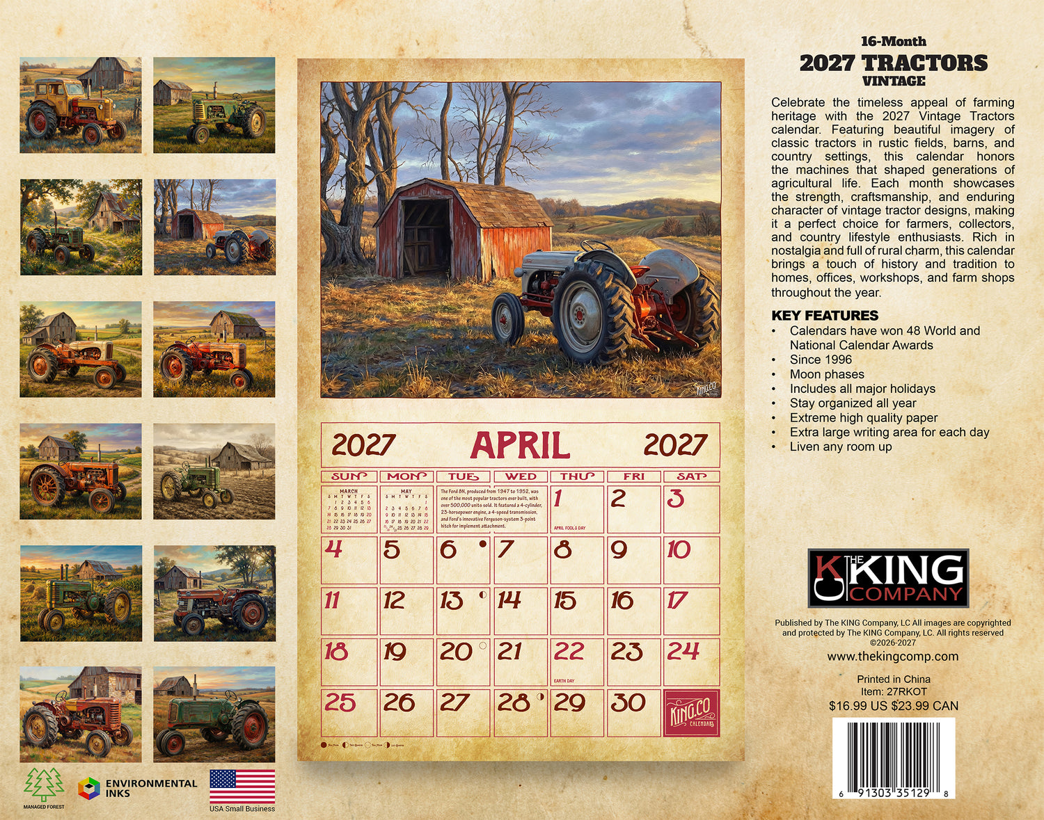 2027 Vintage Tractors Wall Calendar – 16-Month Farm Tractor Art