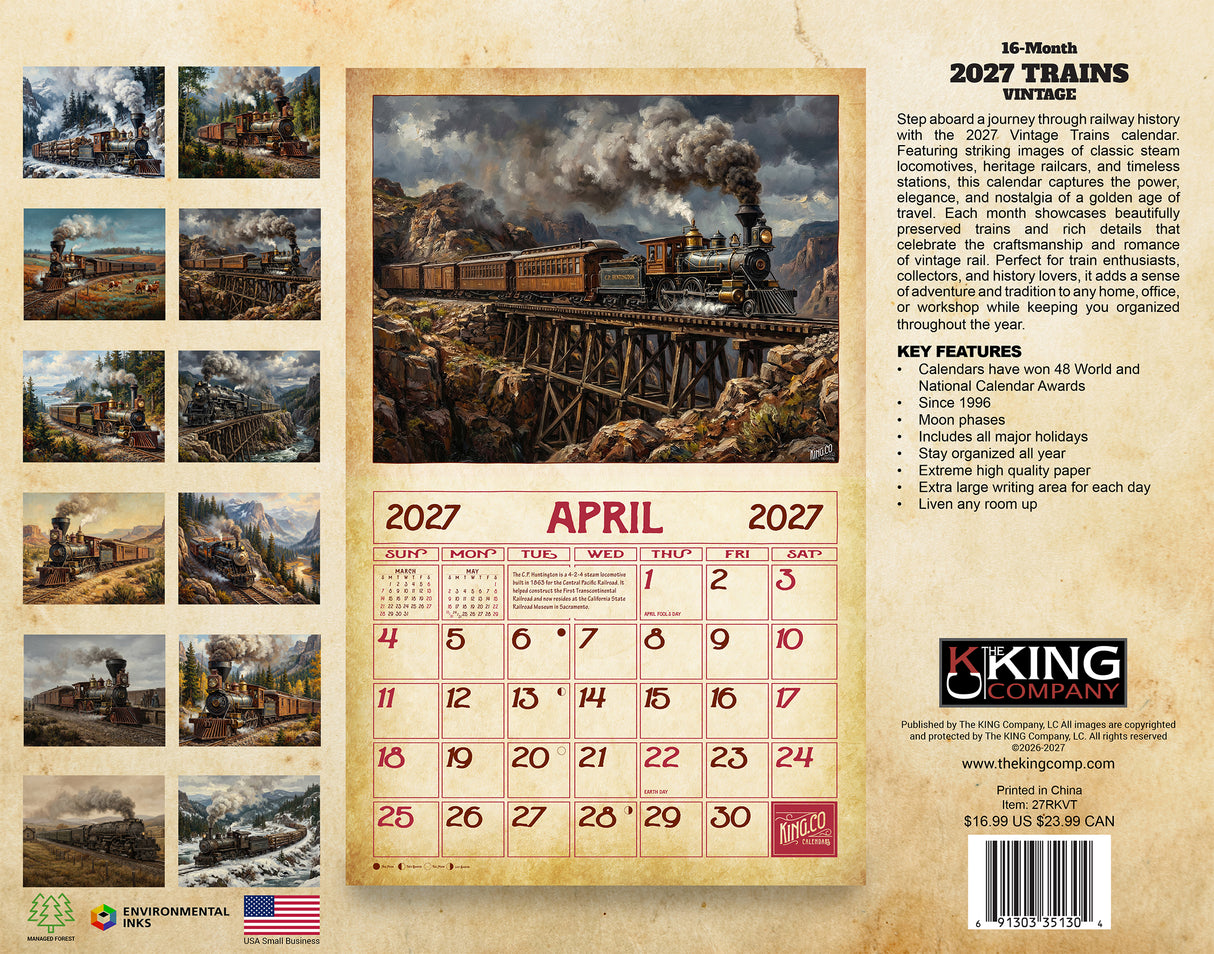 2027 Vintage Trains Wall Calendar – 16-Month Railroad Art