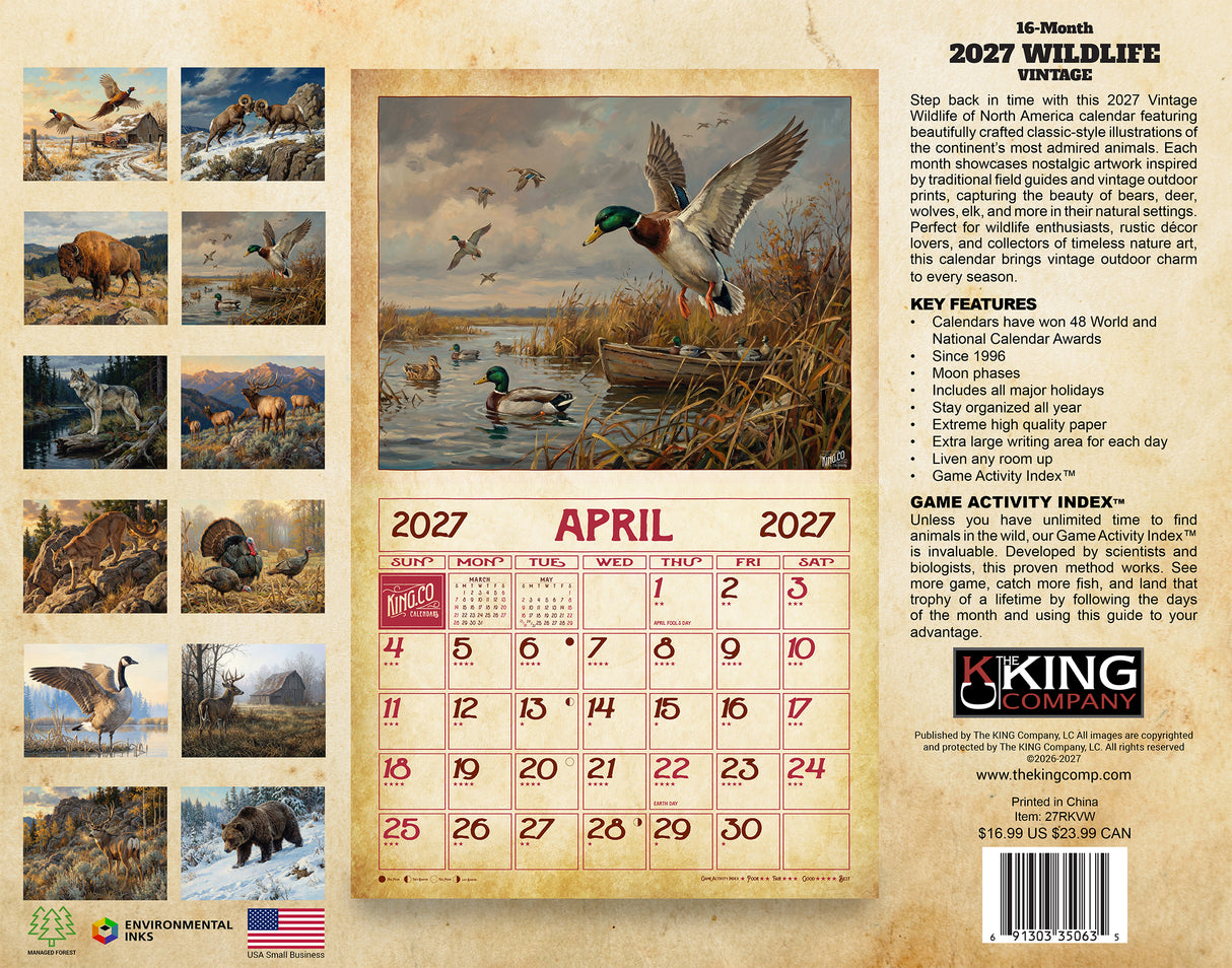 2027 Vintage Wildlife Wall Calendar – 16-Month Wildlife Art