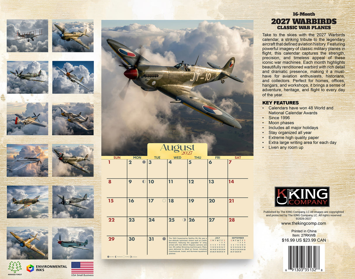 2027 Warbirds Classic Warplanes Illustrated Wall Calendar – 16-Month